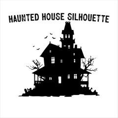 Spooky Haunted House Silhouette with Bare Trees – Halloween Vector