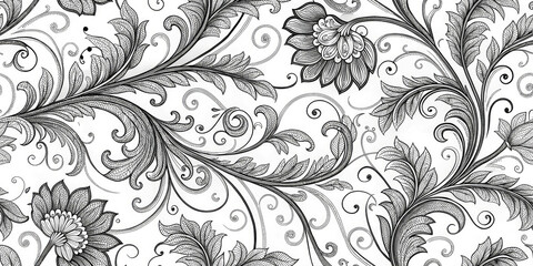 Elegant vintage floral pattern with intricate scrollwork and detailed botanical elements, perfect for design projects