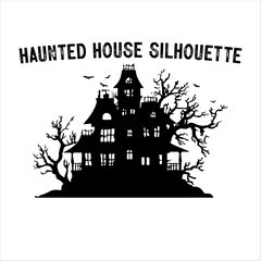 Spooky Haunted House Silhouette with Bare Trees – Halloween Vector