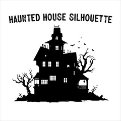 Spooky Haunted House Silhouette with Bare Trees – Halloween Vector