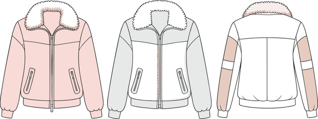Winter jackets with fur collars, cad drawing flat vector illustration, front and back fashion sketch, technical garment template design