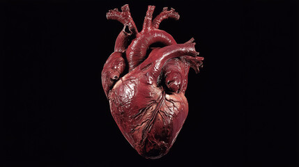 Real human heart isolated on black background showing arteries and veins