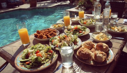 Outdoor lunch with pool view; relaxed vacation or weekend meal and resort setting