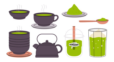 A diverse collection of matcha tea elements including hot and cold beverages traditional tools powder perfect for illustrating healthy drinks and Japanese tea culture