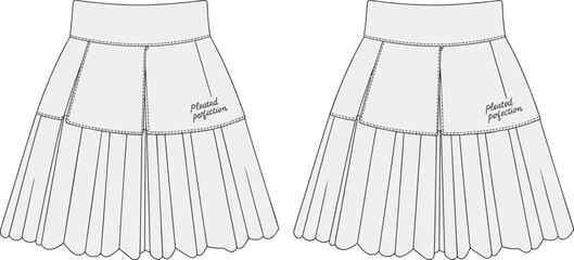 Fashion sketch pleated skirts, cad drawing flat vector illustration, front and back views, stylish apparel template, garment design layout