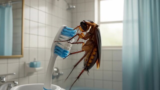 Conceptual image of a cockroach on a toothbrush in a bathroom setting representing pest control and hygiene challenges a surreal juxtaposition of cleanliness and insect