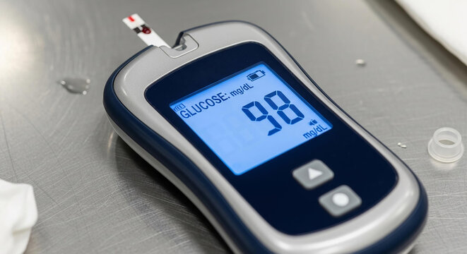Glucose meter displaying a normal blood sugar level. Concept for diabetes management and health monitoring.