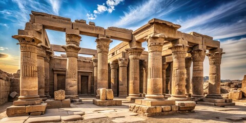 Ancient temple ruins with crumbling stone pillars and intricate hieroglyphics