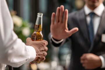 Person Rejects Offer of Drink in Elegant Setting, Suggesting Abstinence or Sobriety