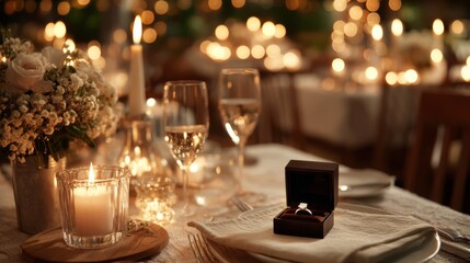 A romantic dinner setting with soft lighting, elegant tableware, a bouquet of flowers, and an open ring box showcasing a sparkling engagement ring.