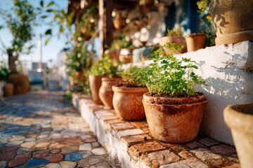 Fototapeta premium Lush Green Plants in Rustic Terracotta Pots on a Quaint Cobblestone Pathway Surrounded by Vibrant Natural Light and Charming Outdoor Decor