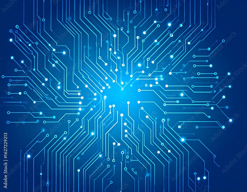 Poster an enlarged microelectronic circuit network, centered with a bright light, forming a futuristic abst
