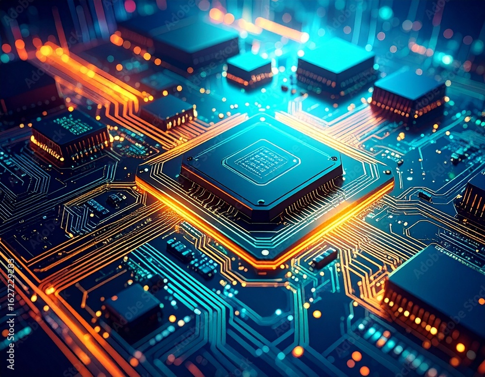 Poster an enlarged microelectronic circuit with futuristic light, showing bright orange pathways and interc