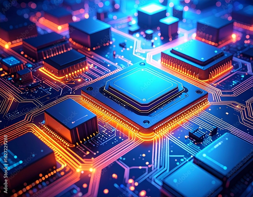 Poster an enlarged microelectronic circuit with futuristic light, showing bright orange pathways and interc