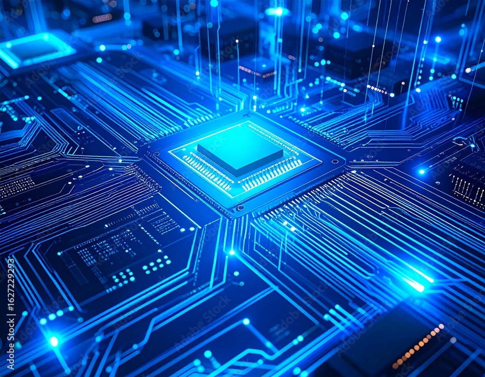 Aufkleber an enlarged microelectronic circuit with futuristic blue light, showing interconnected data pathways