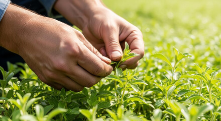 A farmer's hands carefully inspecting young green plants in a sunlit field.