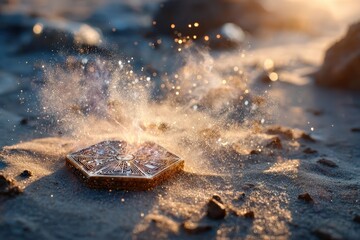 Magical hexagonal box releasing sparkling dust in a serene outdoor setting, with sunlight illuminating the scene and creating a mystical atmosphere on sandy terrain.