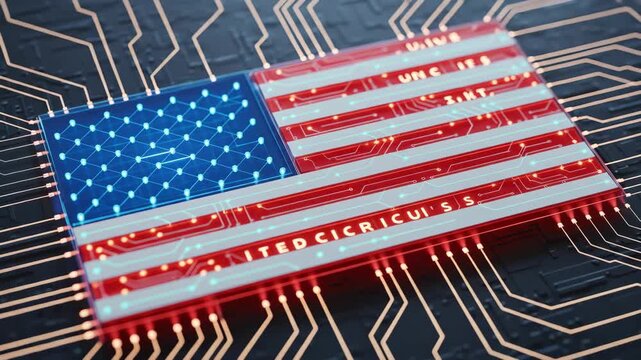 Digital artwork of the American flag blended with circuit board elements, symbolizing technology, communication, and digital transformation, ideal for tech, innovation, and high-tech themed projects
