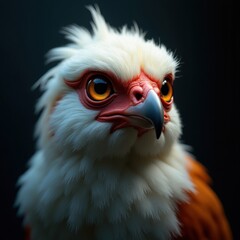 Close up of a majestic bird with white and orange plumage striking an intense gaze