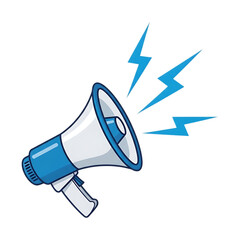 Blue and white megaphone with sound waves isolated on transparent background