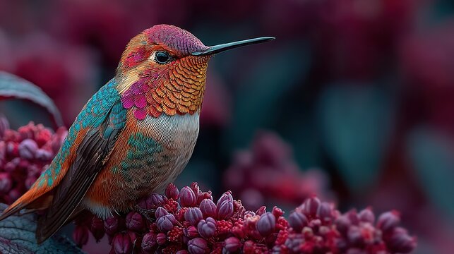 Vibrant hummingbird perched on exotic flower sipping nectar, lush green background