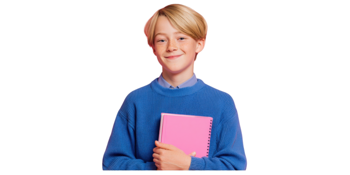 Happy blonde schoolboy with freckles in a blue sweater holding a pink spiral notebook and smiling.