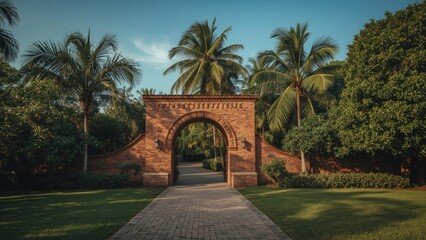 Obraz premium Historic Stone Archway Entrance to a Lush Tropical Garden Oasis on a Sunny Day