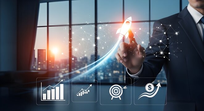 Businessman Touching Rocket Launch Symbolizing Startup Investment Growth, Corporate Strategy, Leadership, Value Creation, Customer Targeting, and Objective Planning for Success.