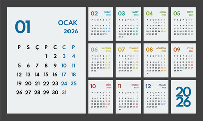 2026 year monthly office planner, calendar starts monday, two colorful weekends, white background, turkish months name