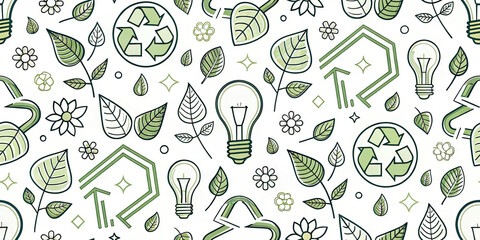 Sustainable living icons of leaves, lightbulbs, and recycling symbols create an eco-friendly pattern