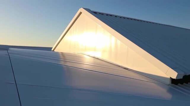 Reflective White Metal Roof Detail Shines Brightly Under the Warm Glow of the Setting Sun