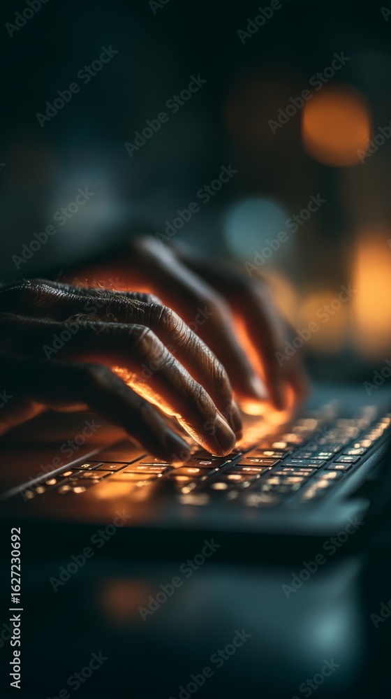 Poster a close-up view of hands typing on a backlit keyboard in a dimly lit environment, creating a warm gl