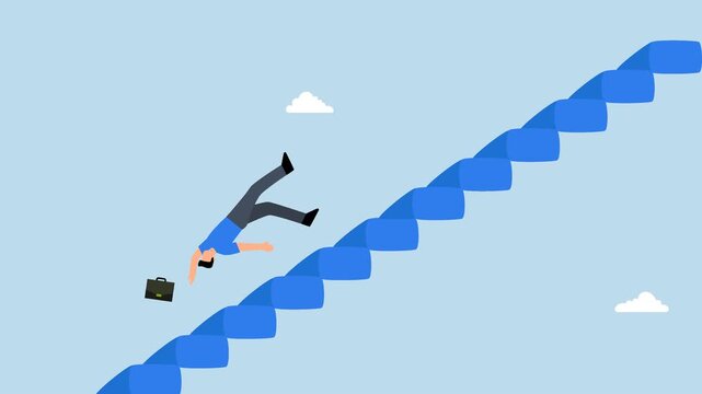 Business risk, 4k animation of unlucky entrepreneur tumbles down the stairs due to a financial downturn or falters in his profession.
