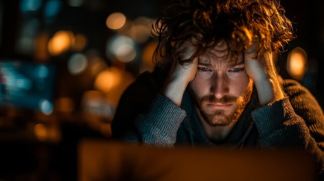 A man appears stressed while working on a computer in a dimly lit environment, showcasing concentration and emotional strain.