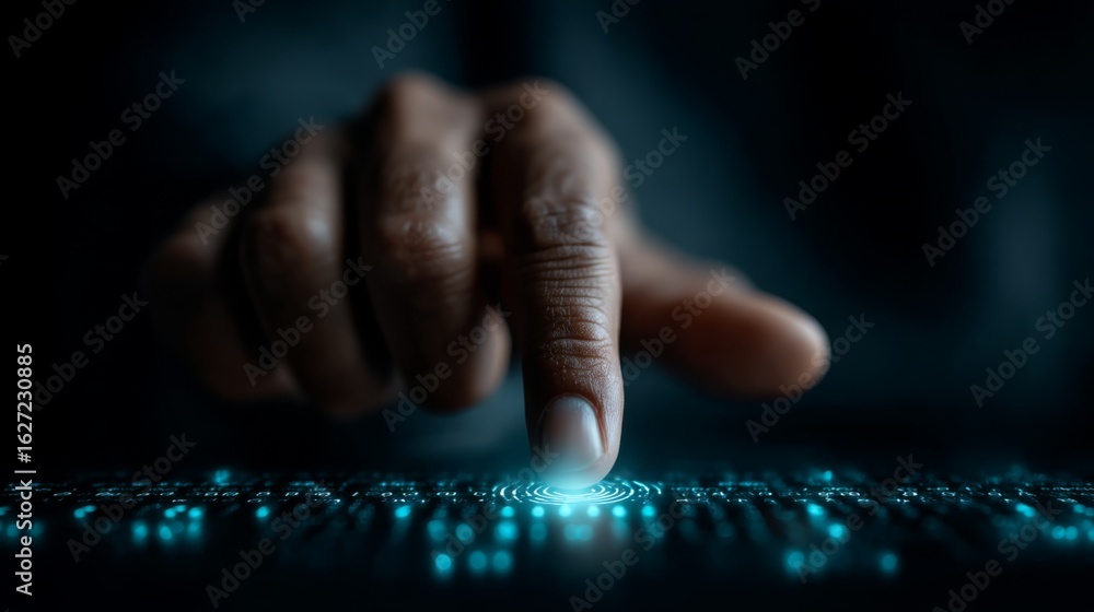 Poster a hand reaches out to touch a glowing interface, symbolizing technology and interaction in a darkene