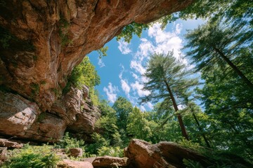 Majestic View of Rocky Cliff Under Clear Blue Sky Surrounded by Lush Green Trees and Vibrant Nature Scene Ideal for Outdoor Adventure and Nature Photography