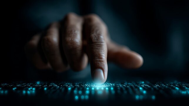 A hand reaches out to touch a glowing interface, symbolizing technology and interaction in a darkened environment.