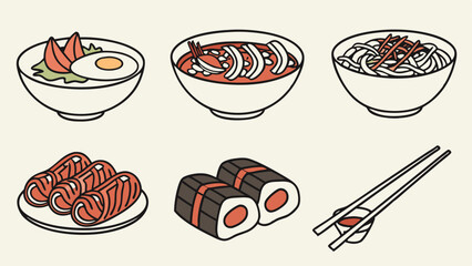 Korean food assortment with bowls and sushi rolls kimchi bibimbap