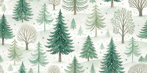 Charming watercolor forest with gentle snowfall and festive fir trees creates a serene winter wonderland scene.