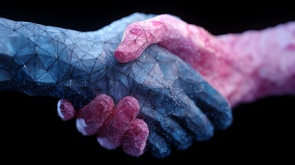 Polygonal handshake in blue and pink, clean partnership icon on dark background for business collaboration and networking