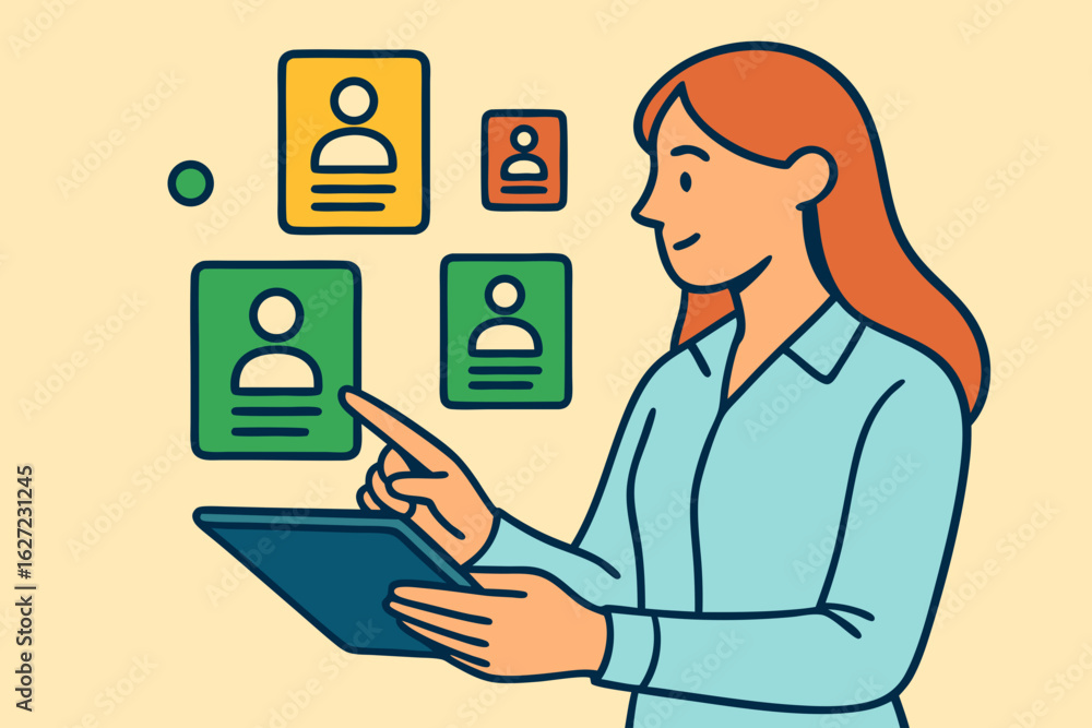 Poster vector illustration of a woman using a digital tablet to interact with virtual user profiles, repres