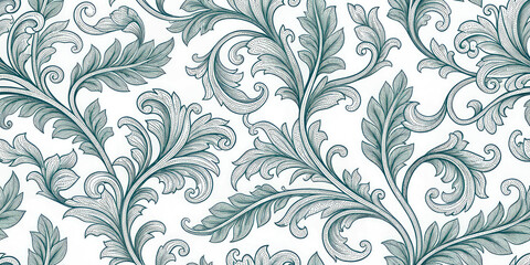 Elegant teal damask pattern with intricate floral swirls and delicate leaf details