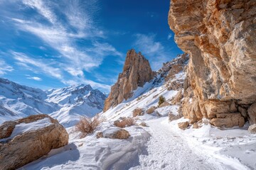 Majestic Winter Landscape in a Mountainous Region with Snowy Trails, Rock Formations, and Clear Blue Skies, Ideal for Nature and Adventure Themes