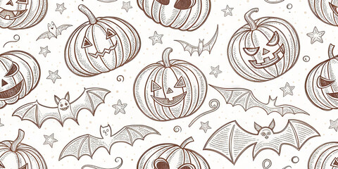 Spooky Halloween jack-o-lanterns and bats pattern for festive seasonal design and decor