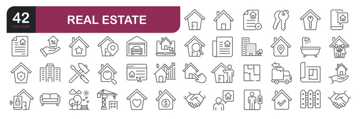 Real estate icons set. Web line icons collection related residence, property, mortgage. Editable stroke