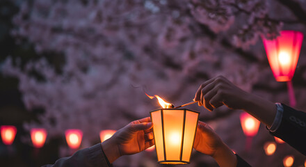 Hands lighting a glowing Japanese lantern under cherry blossoms at a night festival