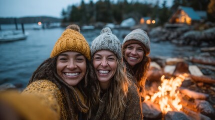 Three smiling women in cozy hats gather by a campfire near a lake, surrounded by nature, creating a warm and joyful atmosphere.