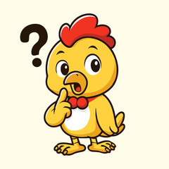 Cartoon chick mascot ponders a question