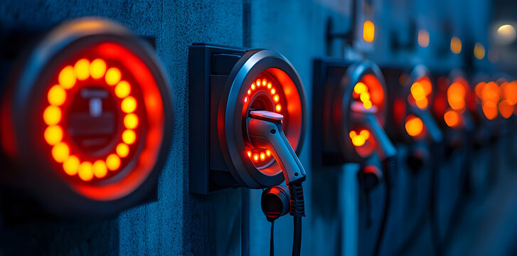 Charging station during nighttime. Electric vehicle charging stations illuminated at night, showcasing technology in an urban setting - Powered by Adobe