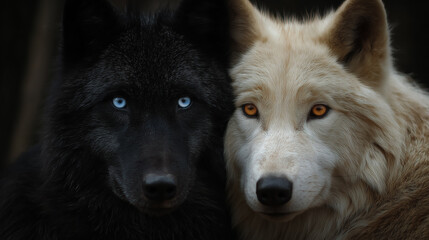 Obraz premium Black and white wolves showing deep trust and connection